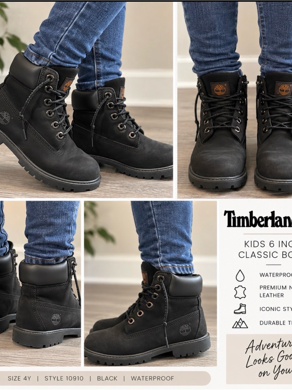 Timberland Kids 6 Inch Classic Waterproof Black Boots Size 4Y Style 10910